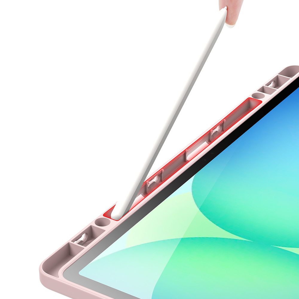 Etui Dux Ducis Magi z miejscem na S Pen, precyzyjne wycięcia na porty, dopasowana konstrukcja do Samsung Galaxy Tab S10 FE Plus, przezroczysto różowe